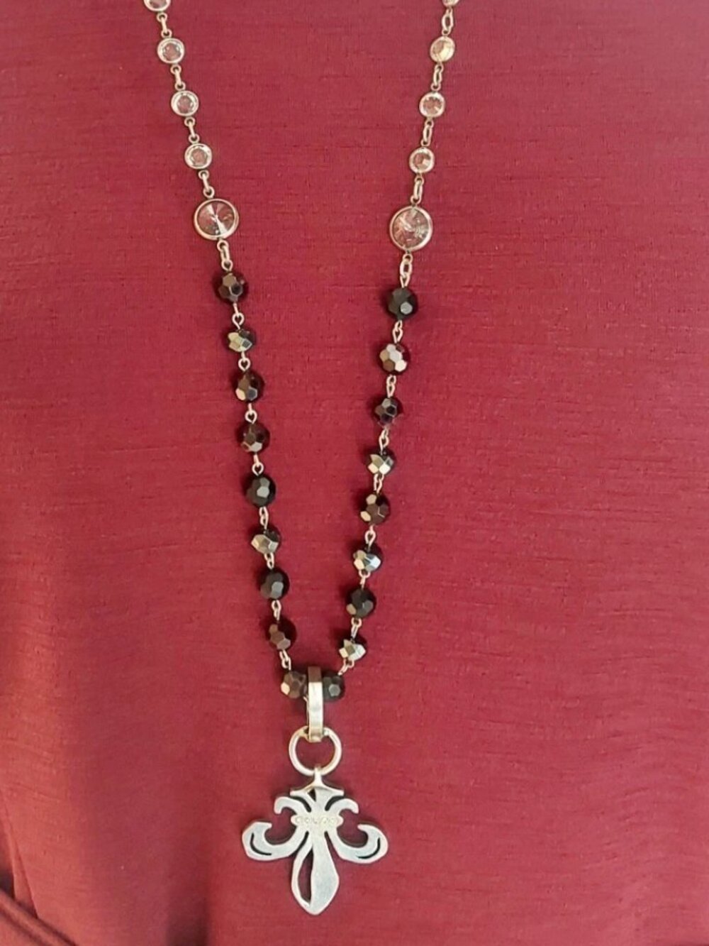 French Kande Fleur De Lis Swarvorski Crystal Multi Bead Pendant Necklace